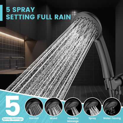 Rainparty High Pressure Handheld Shower Head – 5 Modes, Matte Black, Stainless Hose