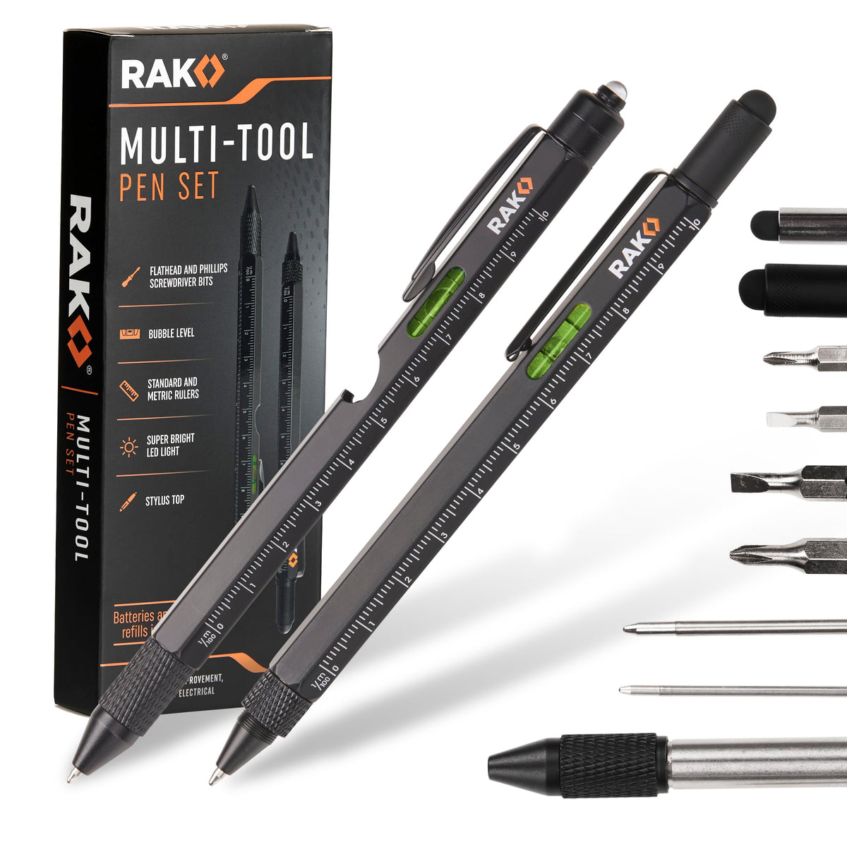 RAK Multitool Pen 11-in-1 – LED Light, Ruler, Level, Bottle Opener | 2-Pack Gift-Ready