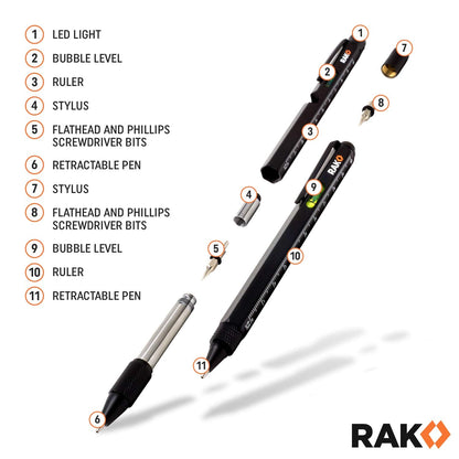 RAK Multitool Pen 11-in-1 – LED Light, Ruler, Level, Bottle Opener | 2-Pack Gift-Ready