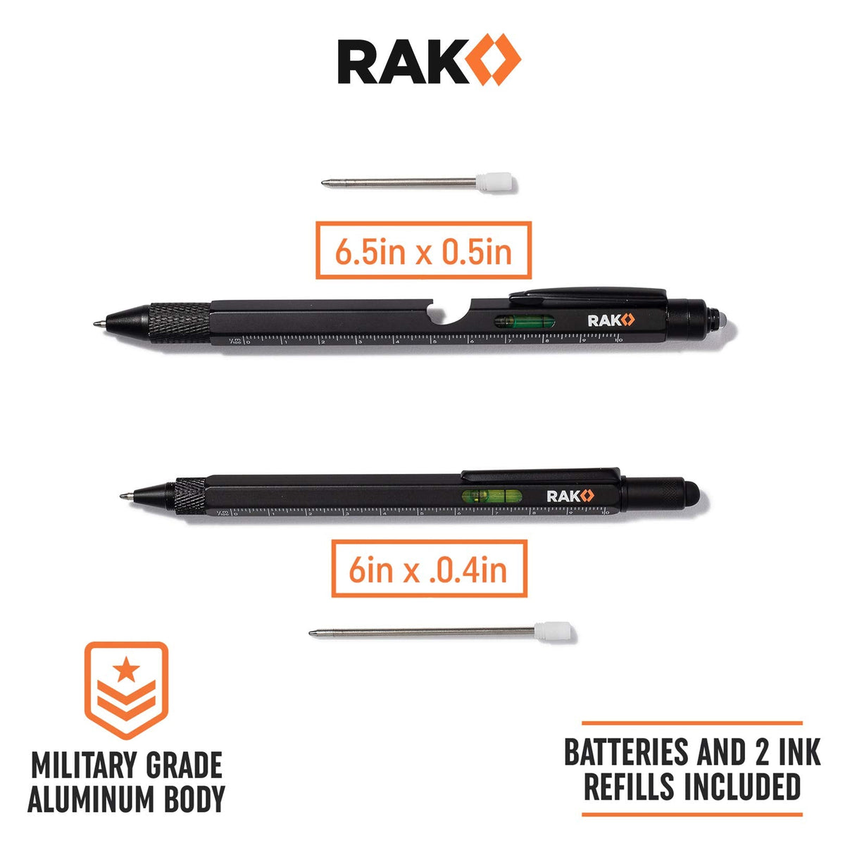 RAK Multitool Pen 11-in-1 – LED Light, Ruler, Level, Bottle Opener | 2-Pack Gift-Ready