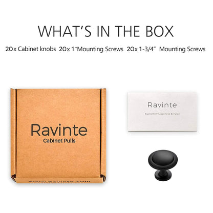 Ravinte 20 Pack 1-1/4in Matte Black Cabinet Knobs | Zinc Door Pulls