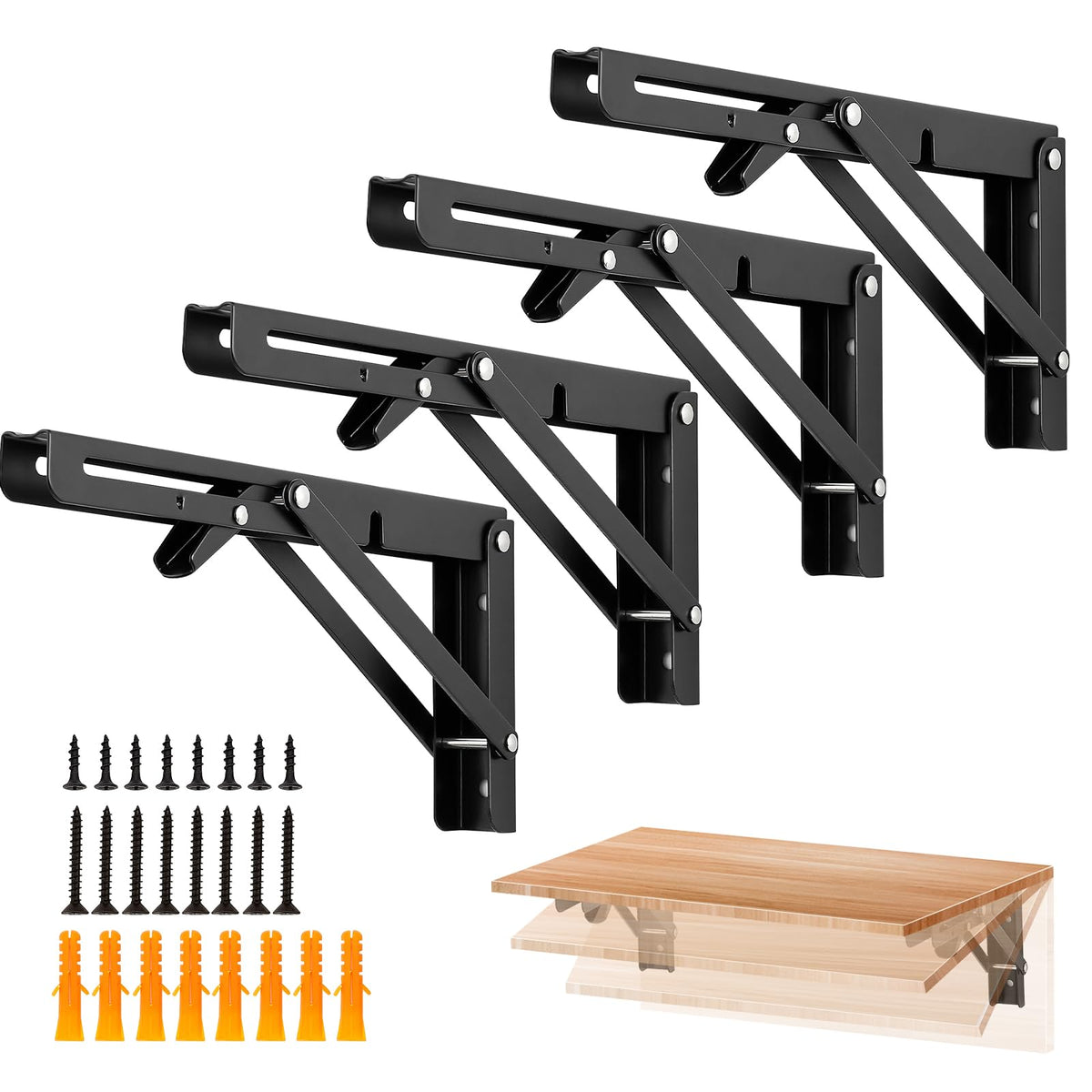 Ravinte 4-Pack 10-Inch Folding Shelf Brackets – Matte Black, Heavy-Duty Collapsible for Tables & Benches