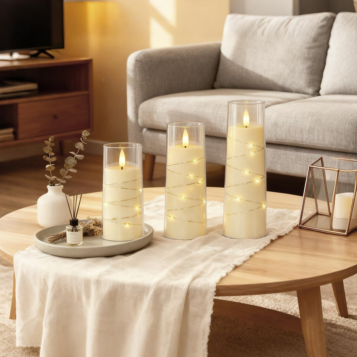 Raycare Flameless Candle with Remote Timer – 9 Ivory LED Pillar Candles with Embedded Star String