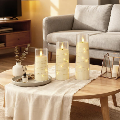 Raycare Flameless Candle with Remote Timer – 9 Ivory LED Pillar Candles with Embedded Star String