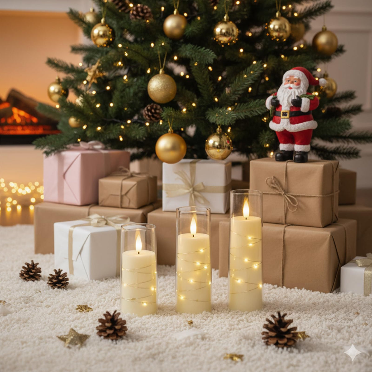 Raycare Flameless Candle with Remote Timer – 9 Ivory LED Pillar Candles with Embedded Star String