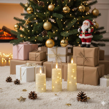 Raycare Flameless Candle with Remote Timer – 9 Ivory LED Pillar Candles with Embedded Star String