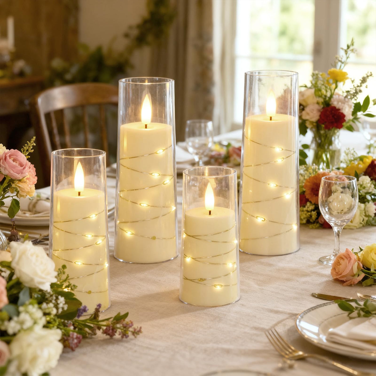Raycare Flameless Candle with Remote Timer – 9 Ivory LED Pillar Candles with Embedded Star String