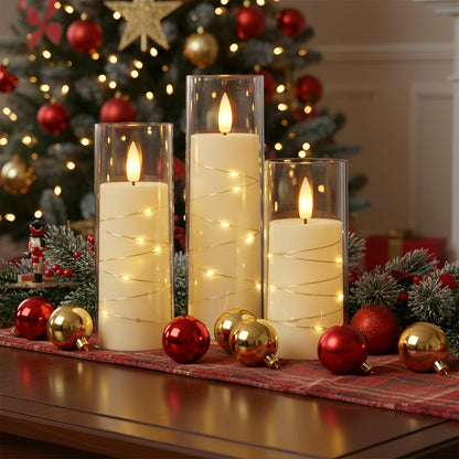 Raycare Flameless Candle with Remote Timer – 9 Ivory LED Pillar Candles with Embedded Star String
