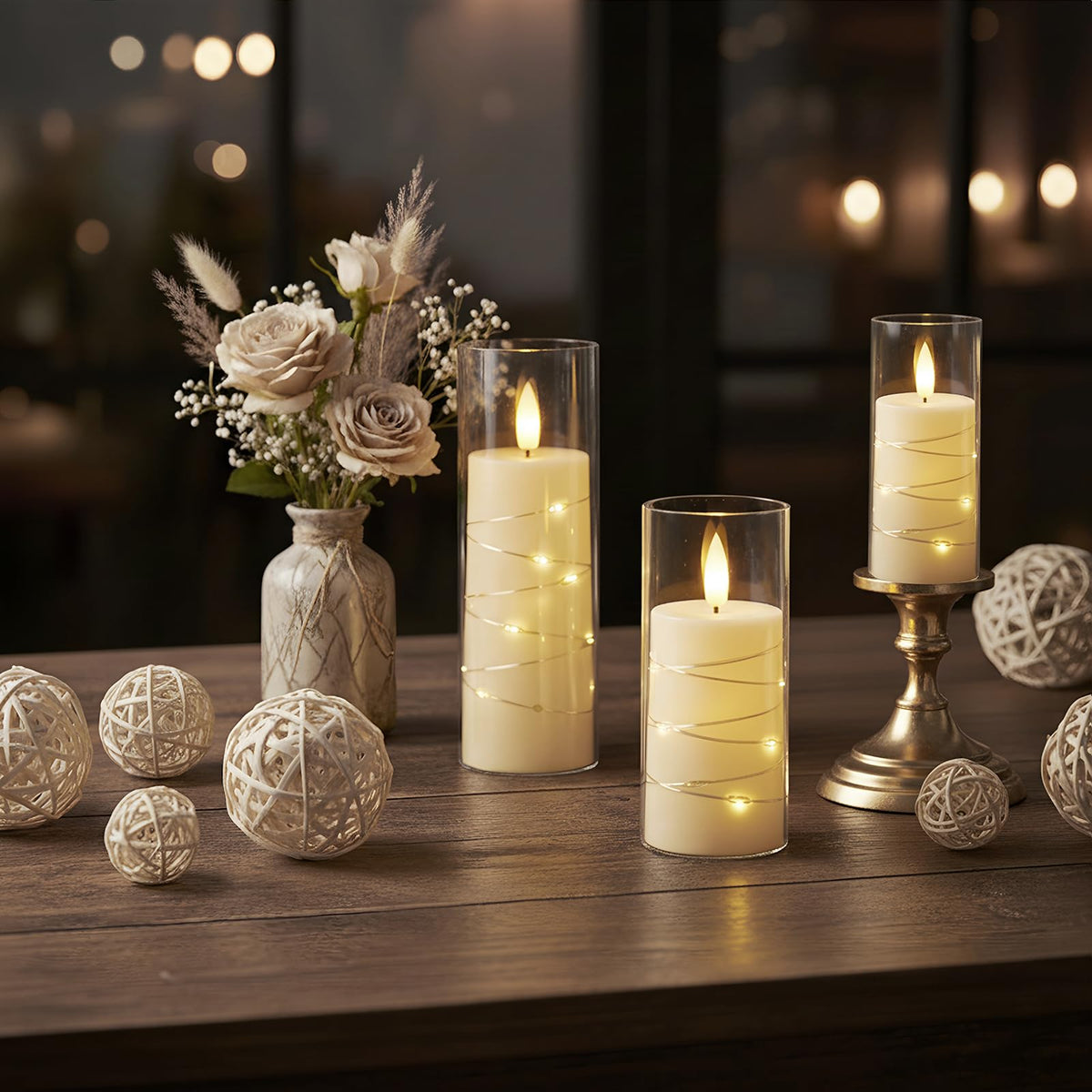 Raycare Flameless Candle with Remote Timer – 9 Ivory LED Pillar Candles with Embedded Star String