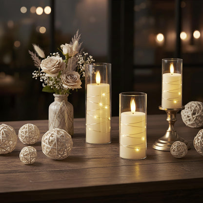 Raycare Flameless Candle with Remote Timer – 9 Ivory LED Pillar Candles with Embedded Star String