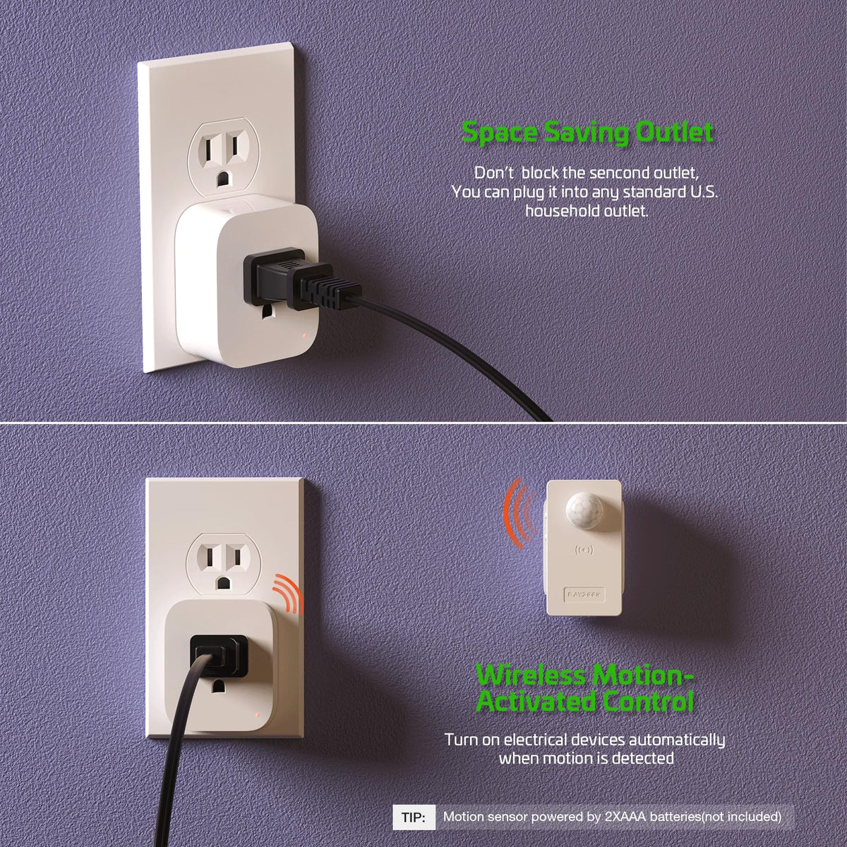 RAYZEEK Wireless Motion Sensor Plug Kit – Auto On/Off, 10A/1100W, No-WiFi Required