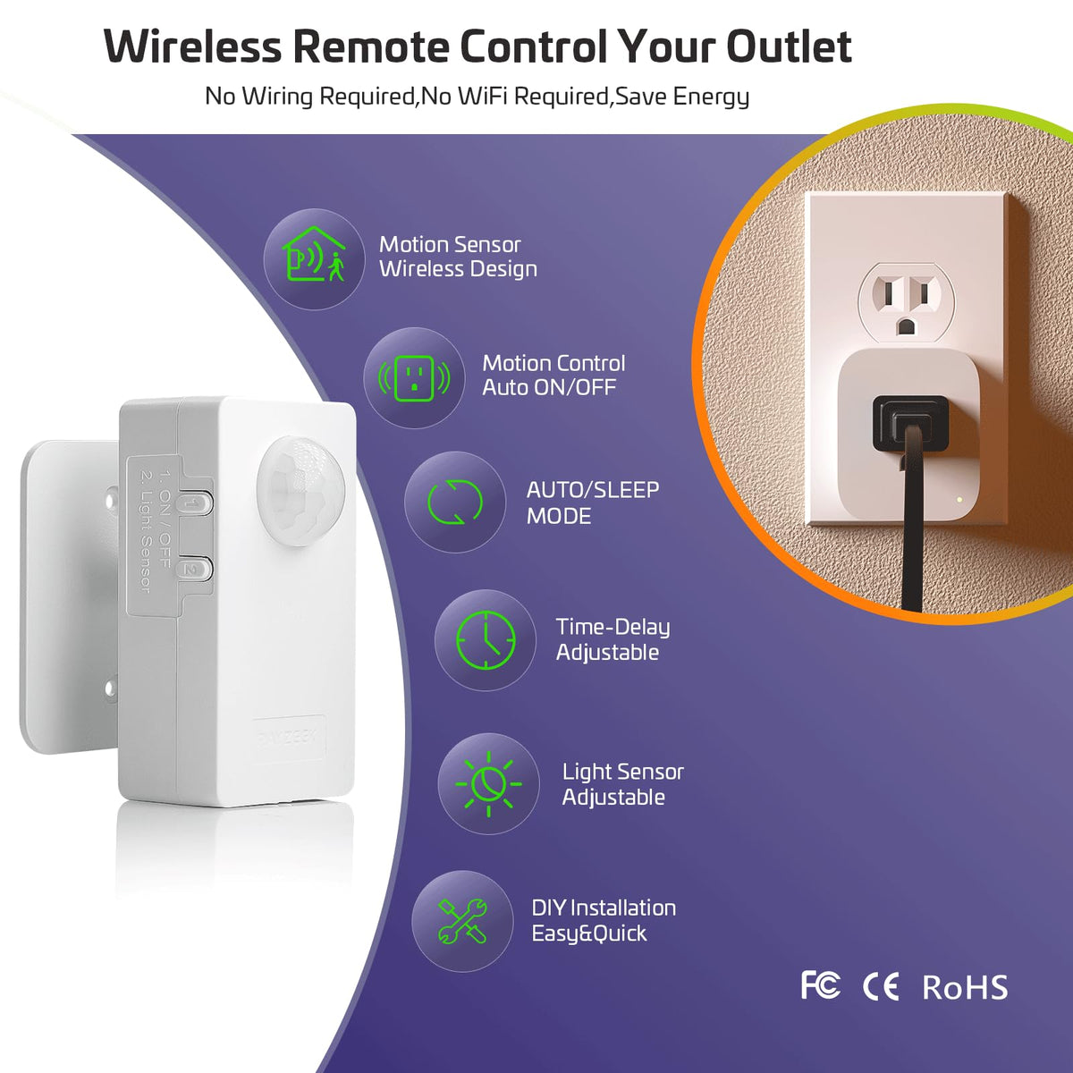 RAYZEEK Wireless Motion Sensor Plug Kit – Auto On/Off, 10A/1100W, No-WiFi Required