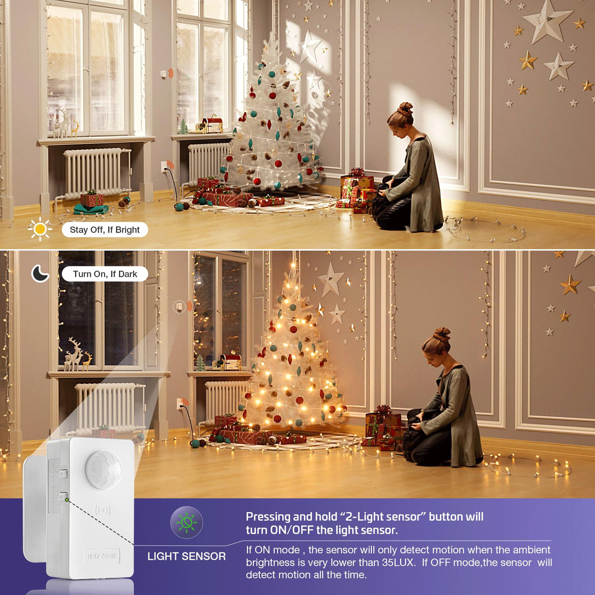 RAYZEEK Wireless Motion Sensor Plug Kit – Auto On/Off, 10A/1100W, No-WiFi Required