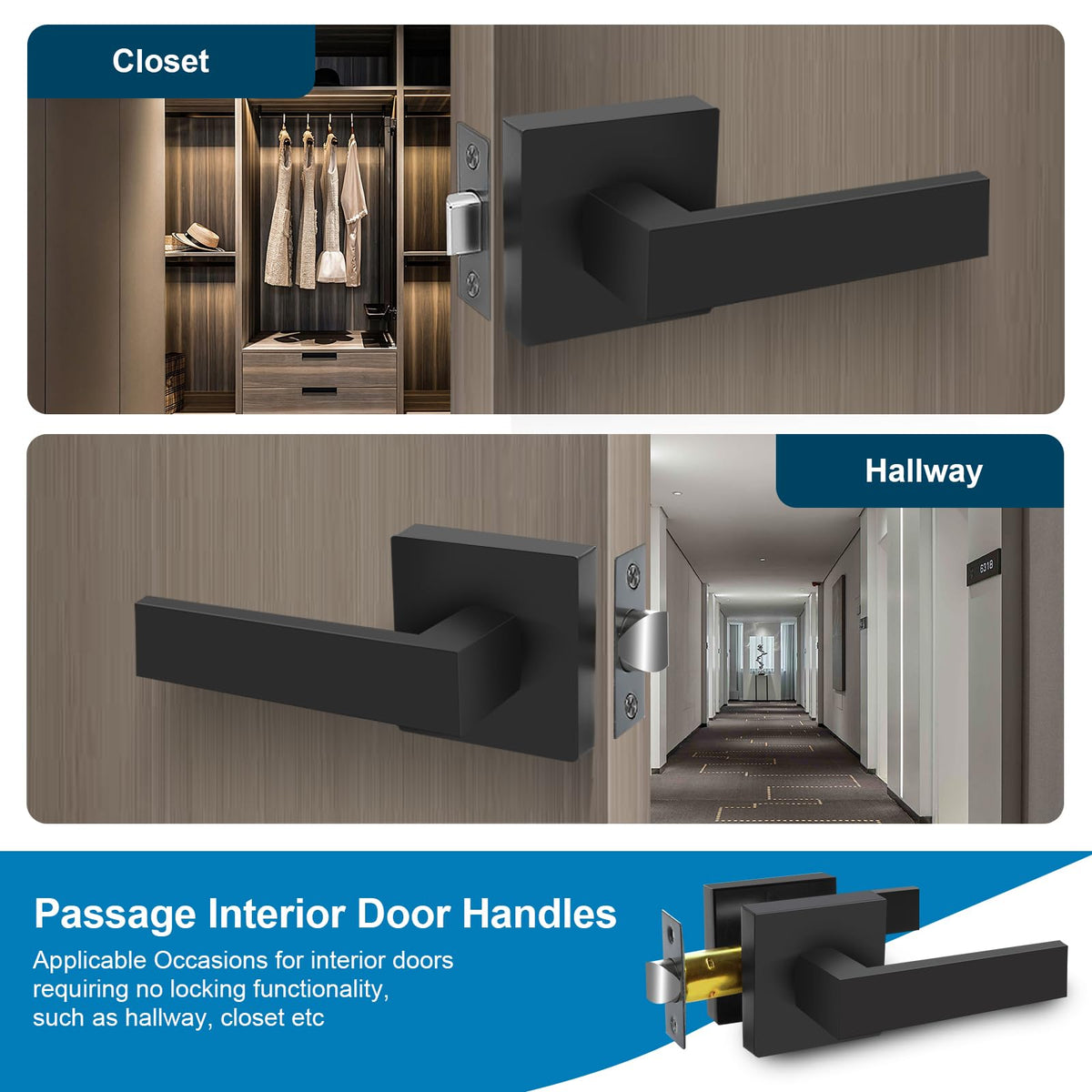 RAZCC Passage Door Lever – 10-Pack Matte Black Interior Door Handles, Reversible, Non-Locking