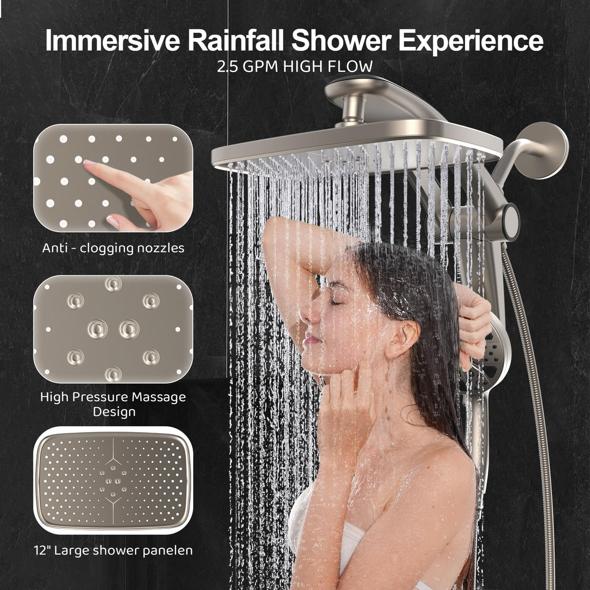 Razime Rain Shower Head with Magnetic Dock – 12-Inch Rain + 9-Setting Handheld Shower (Nickel)