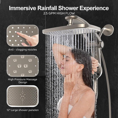 Razime Rain Shower Head with Magnetic Dock – 12-Inch Rain + 9-Setting Handheld Shower (Nickel)