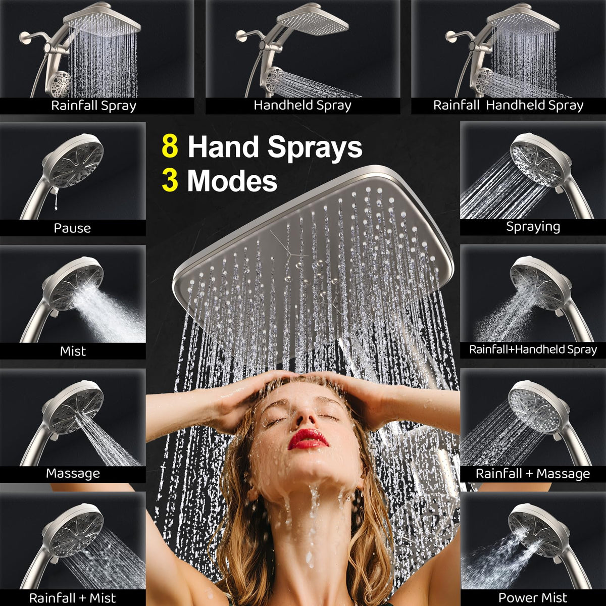 Razime Rain Shower Head with Magnetic Dock – 12-Inch Rain + 9-Setting Handheld Shower (Nickel)