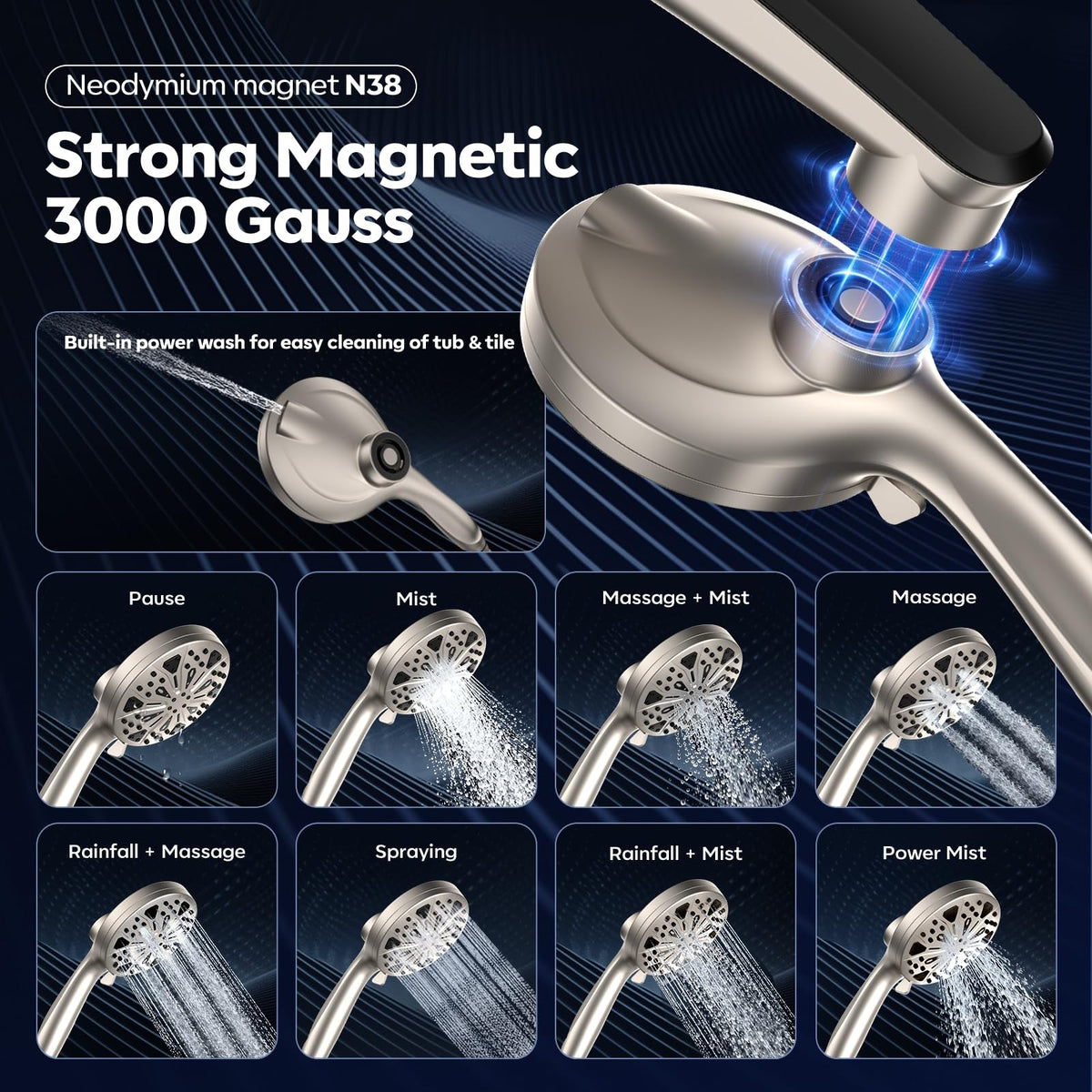 Razime Rain Shower Head with Magnetic Dock – 12-Inch Rain + 9-Setting Handheld Shower (Nickel)