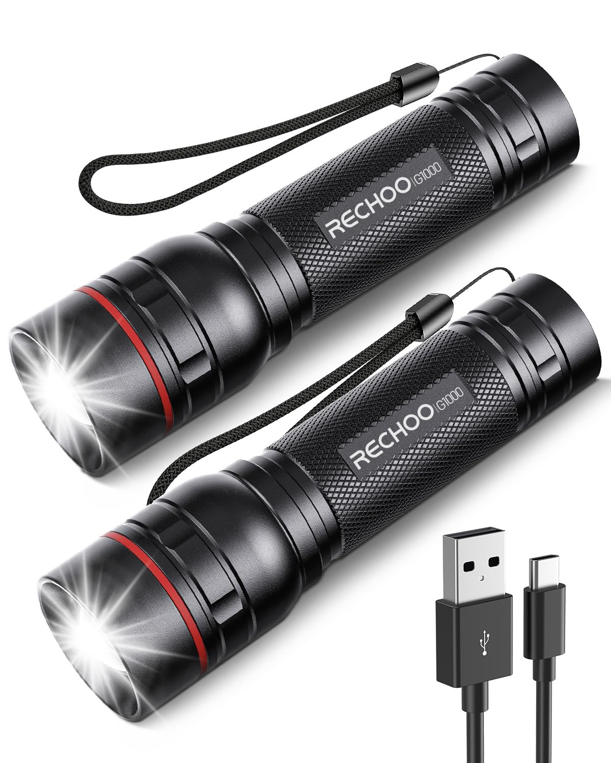 RECHOO G1000 Rechargeable Flashlights — 2 Pack High Lumen LED Tactical Lights with 3 Modes