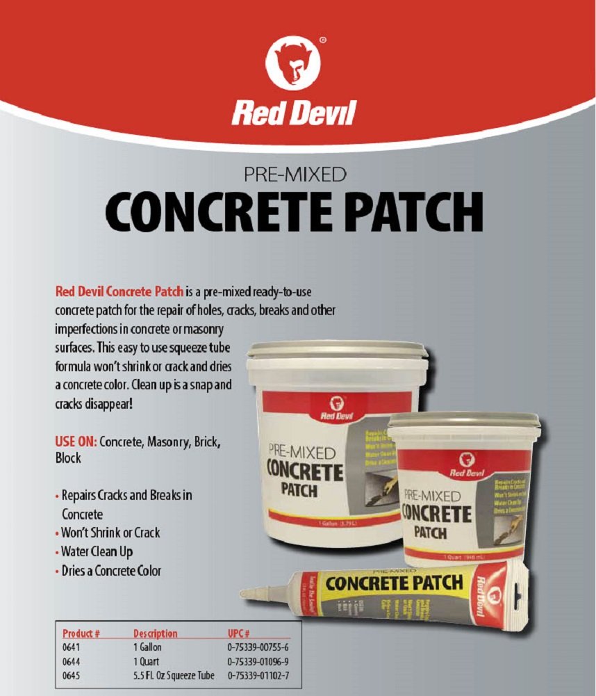 Red Devil 0644 Concrete Repair Patch — Pre-Mixed Cement Crack Fill, 1 Qt, Gray, Made in USA