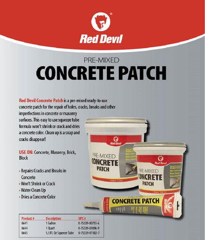 Red Devil 0644 Concrete Repair Patch — Pre-Mixed Cement Crack Fill, 1 Qt, Gray, Made in USA
