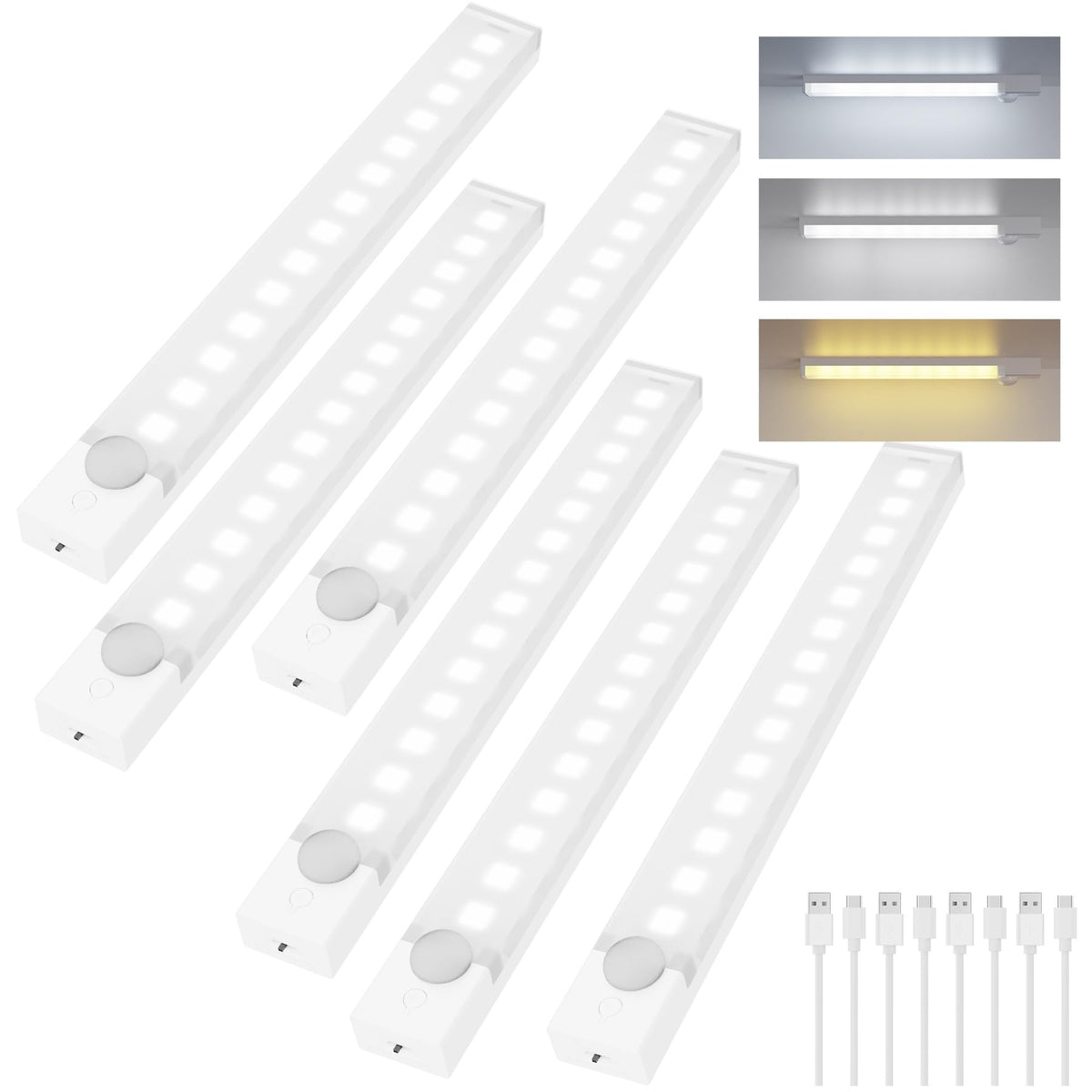 Rihvy Under Cabinet Lighting 8-Inch 6-Pack — Rechargeable Motion Sensor Lights with 3 Color Temperatures & Dimming