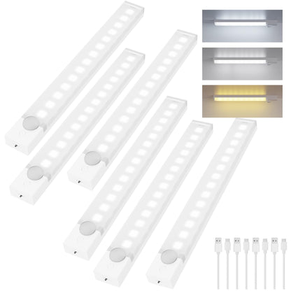 Rihvy Under Cabinet Lighting 8-Inch 6-Pack — Rechargeable Motion Sensor Lights with 3 Color Temperatures & Dimming