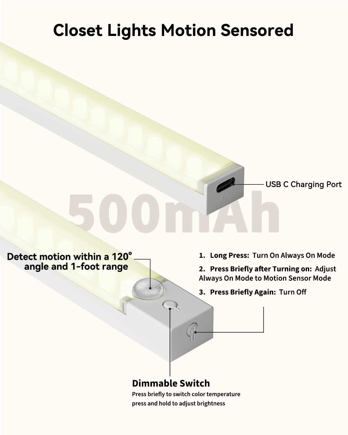 Rihvy Under Cabinet Lighting 8-Inch 6-Pack — Rechargeable Motion Sensor Lights with 3 Color Temperatures & Dimming