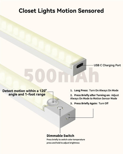 Rihvy Under Cabinet Lighting 8-Inch 6-Pack — Rechargeable Motion Sensor Lights with 3 Color Temperatures & Dimming