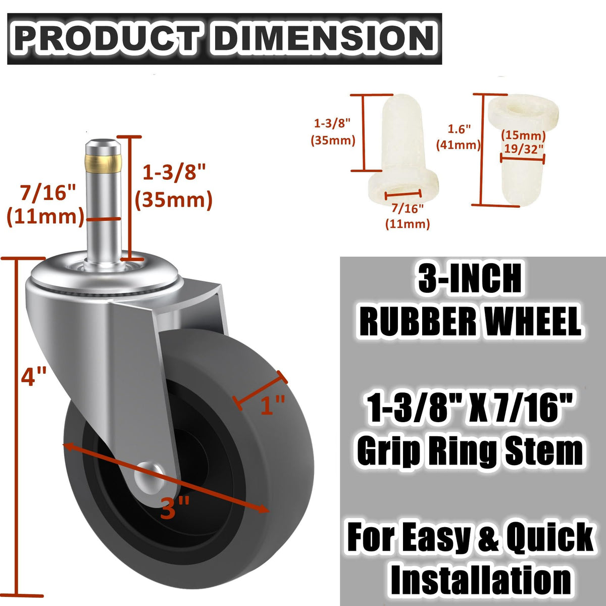 RILIDRI 3-Inch Swivel Stem Casters — 4-Pack, 7/16-Inch Stem, Heavy-Duty TPR Wheels for Rubbermaid Mop Buckets, Carts, Weber Grills