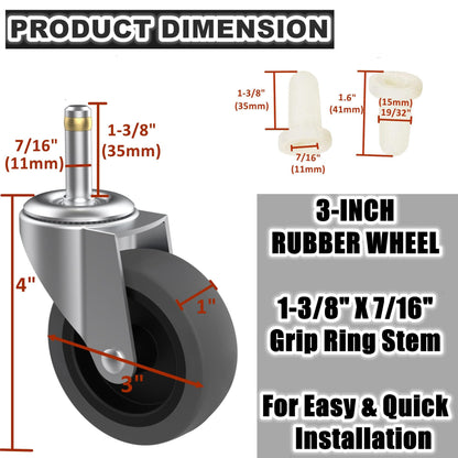 RILIDRI 3-Inch Swivel Stem Casters — 4-Pack, 7/16-Inch Stem, Heavy-Duty TPR Wheels for Rubbermaid Mop Buckets, Carts, Weber Grills
