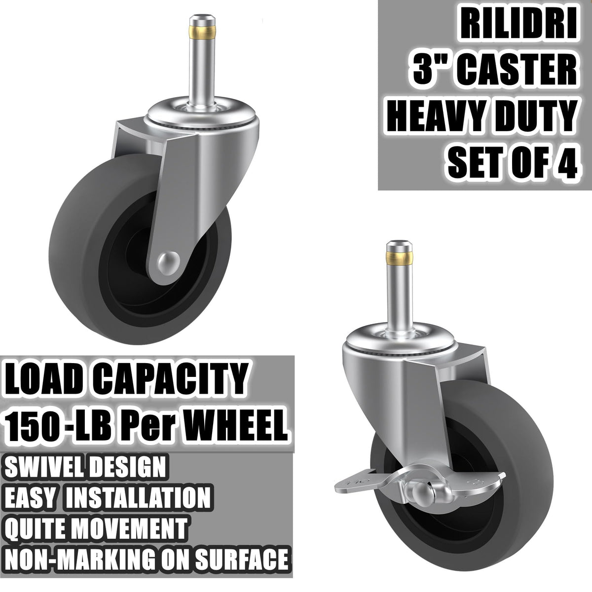 RILIDRI 3-Inch Swivel Stem Casters — 4-Pack, 7/16-Inch Stem, Heavy-Duty TPR Wheels for Rubbermaid Mop Buckets, Carts, Weber Grills