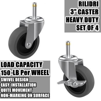 RILIDRI 3-Inch Swivel Stem Casters — 4-Pack, 7/16-Inch Stem, Heavy-Duty TPR Wheels for Rubbermaid Mop Buckets, Carts, Weber Grills