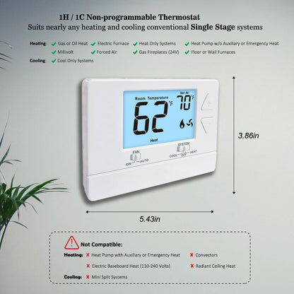 Riseem Non-Programmable Thermostat – Single-Stage, Easy DIY Install, White Backlight
