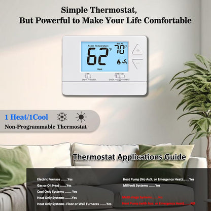 Riseem Non-Programmable Thermostat – Single-Stage, Easy DIY Install, White Backlight
