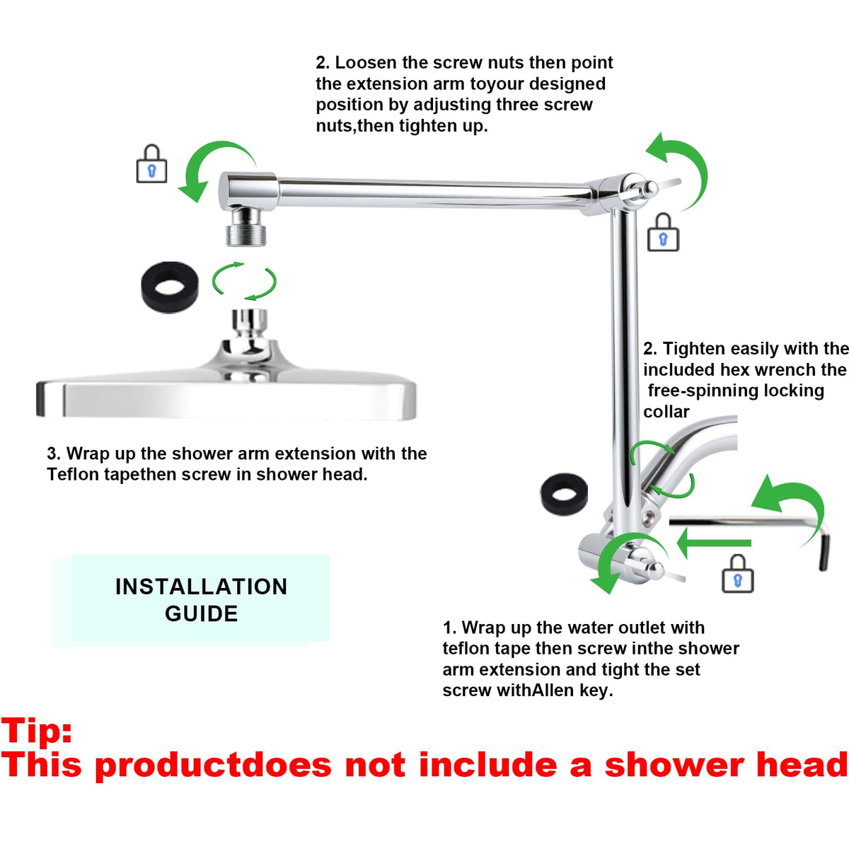 RLKDKJ 16-Inch Solid Brass Shower Arm Extension with Locking Collar — Chrome