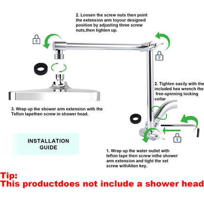 RLKDKJ 16-Inch Solid Brass Shower Arm Extension with Locking Collar — Chrome
