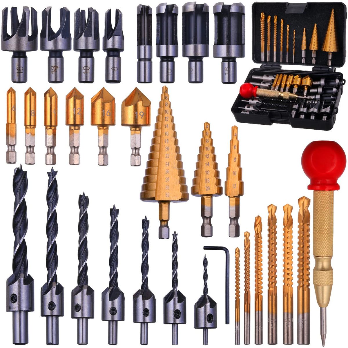 Rocaris 32-Pack Woodworking Chamfer Drill Tools Set – Countersink, Plug Cutter, Step Bit