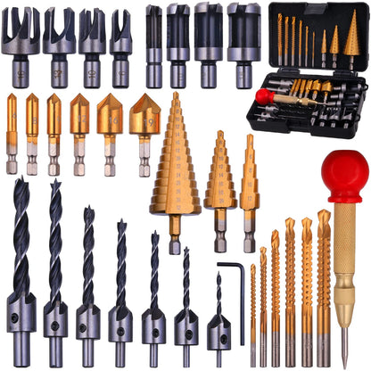 Rocaris 32-Pack Woodworking Chamfer Drill Tools Set – Countersink, Plug Cutter, Step Bit