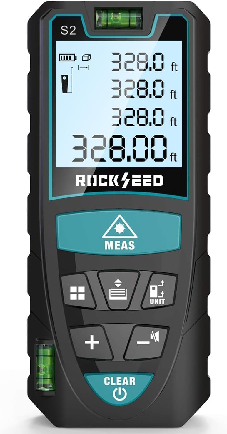 RockSeed Laser Measure – 328ft Range, 2 Bubble Levels, Backlit LCD