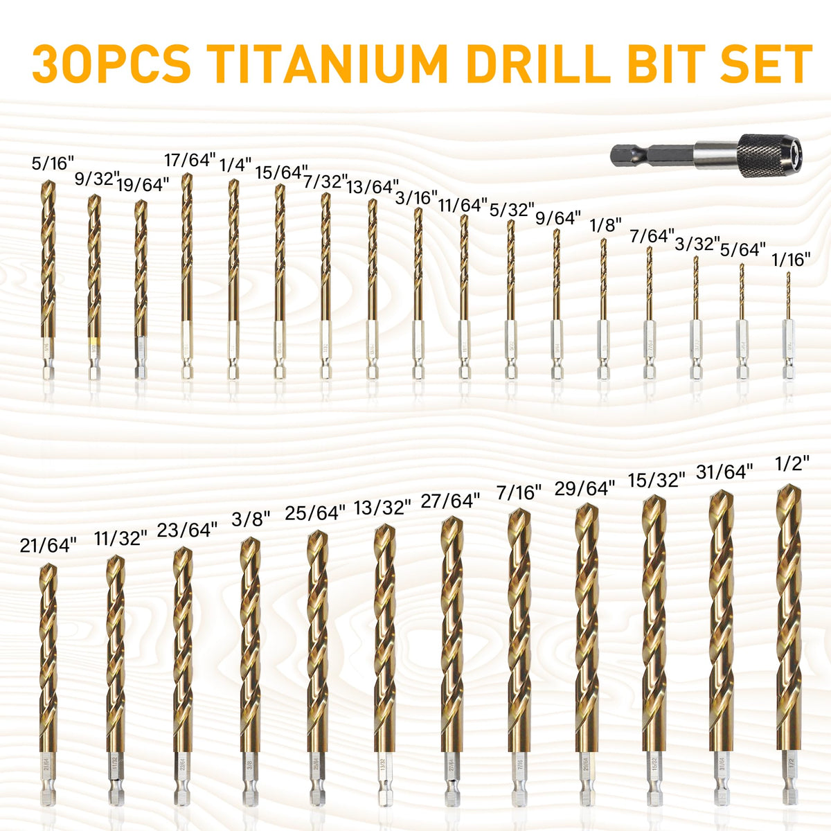 ROGAPER 30 PCS Titanium Impact Drill Bit Set – Hex Shank, Quick Change, 5/64-in to 1/2-in, HSS Titanium