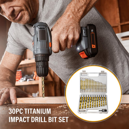 ROGAPER 30 PCS Titanium Impact Drill Bit Set – Hex Shank, Quick Change, 5/64-in to 1/2-in, HSS Titanium