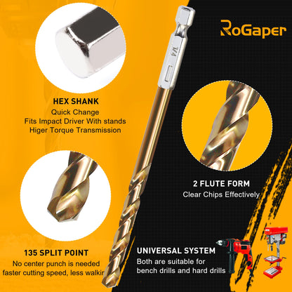 ROGAPER 30 PCS Titanium Impact Drill Bit Set – Hex Shank, Quick Change, 5/64-in to 1/2-in, HSS Titanium