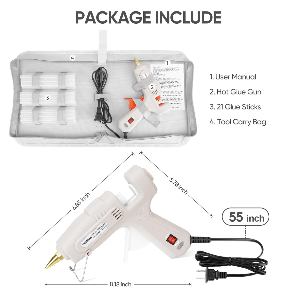 ROMECH Full Size Hot Glue Gun 60W/100W Dual Power – 21 Sticks + Storage Case
