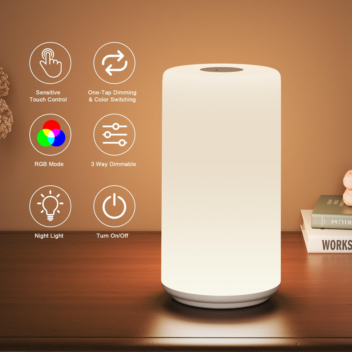 ROOTRO Touch Bedside Lamp – RGB Cycle, 3-Level Dimming, Warm White LED Nightstand
