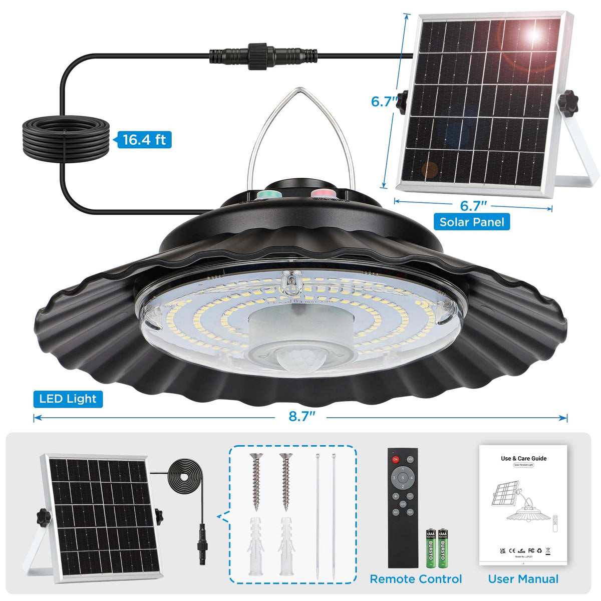 Ropelux Solar Shed Light 2000LM – Motion Sensor, Remote, 5 Modes, Waterproof Outdoor Pendant