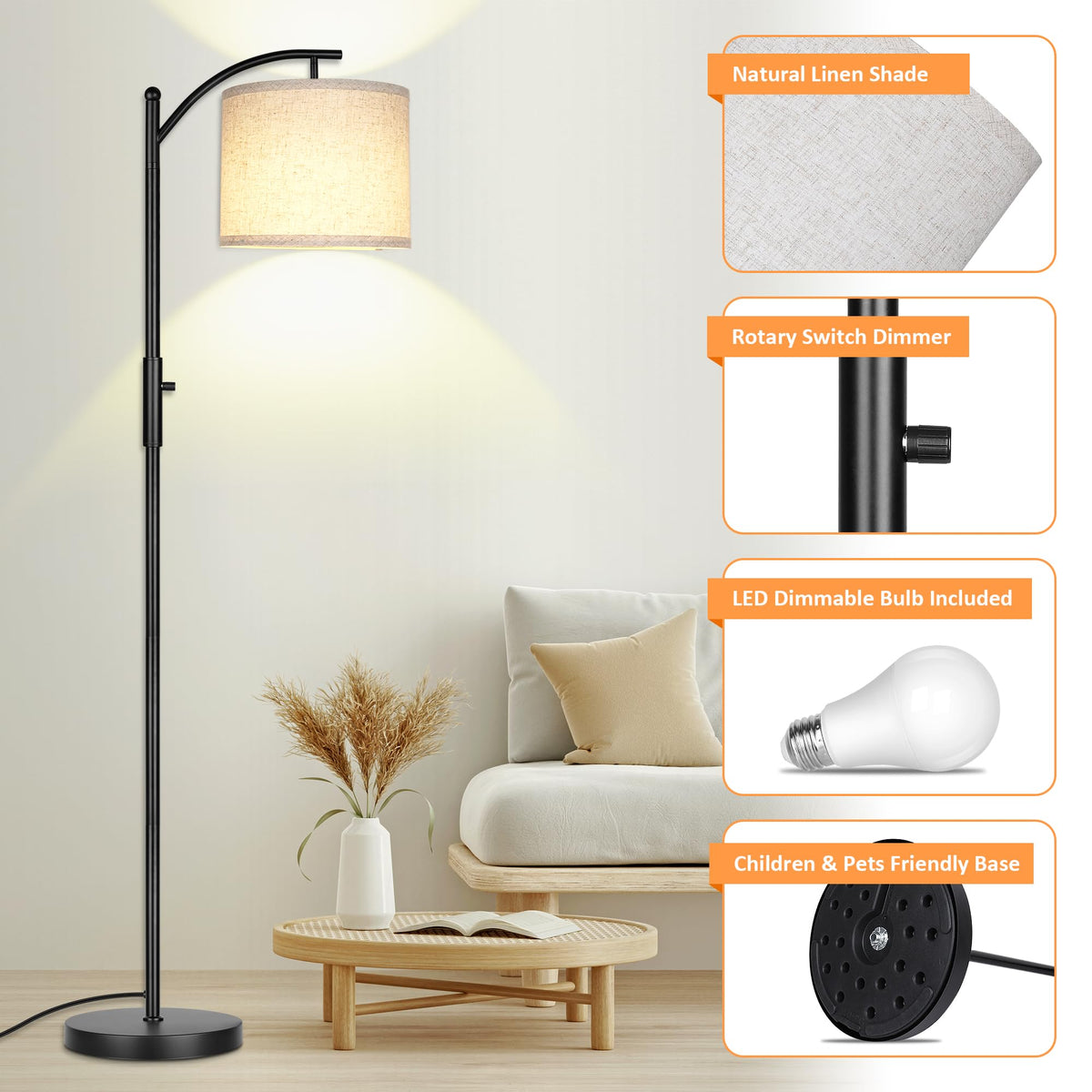 ROTTOGOON Dimmable Arc Floor Lamp – Stepless 0-100% Dimming, Linen Shade, Tall Modern Lamp