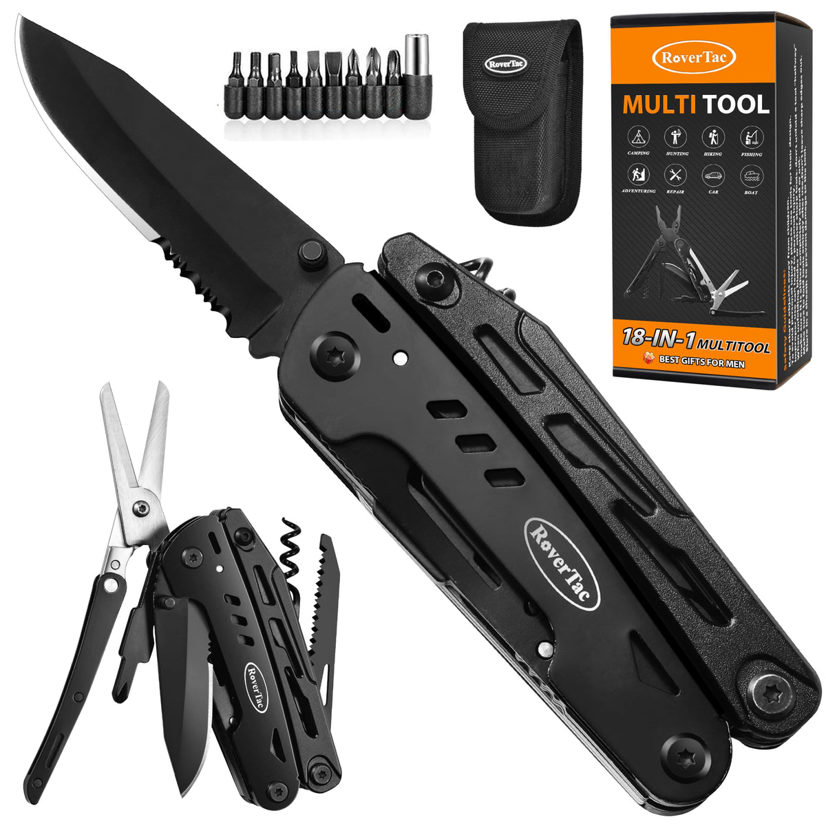 RoverTac 18-in-1 Multitool Pocket Knife with Pliers, Saw, Detachable Scissors & 9 Bits