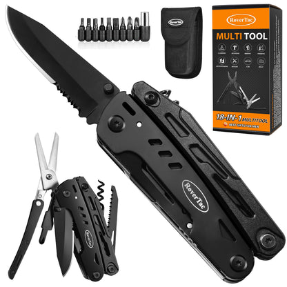 RoverTac 18-in-1 Multitool Pocket Knife with Pliers, Saw, Detachable Scissors & 9 Bits