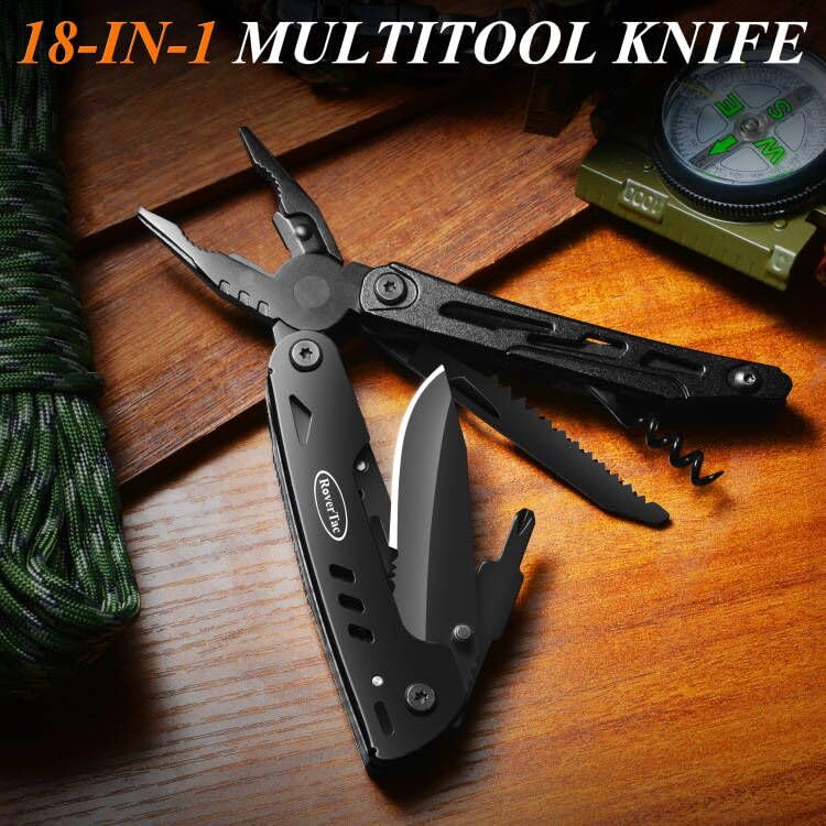 RoverTac 18-in-1 Multitool Pocket Knife with Pliers, Saw, Detachable Scissors & 9 Bits